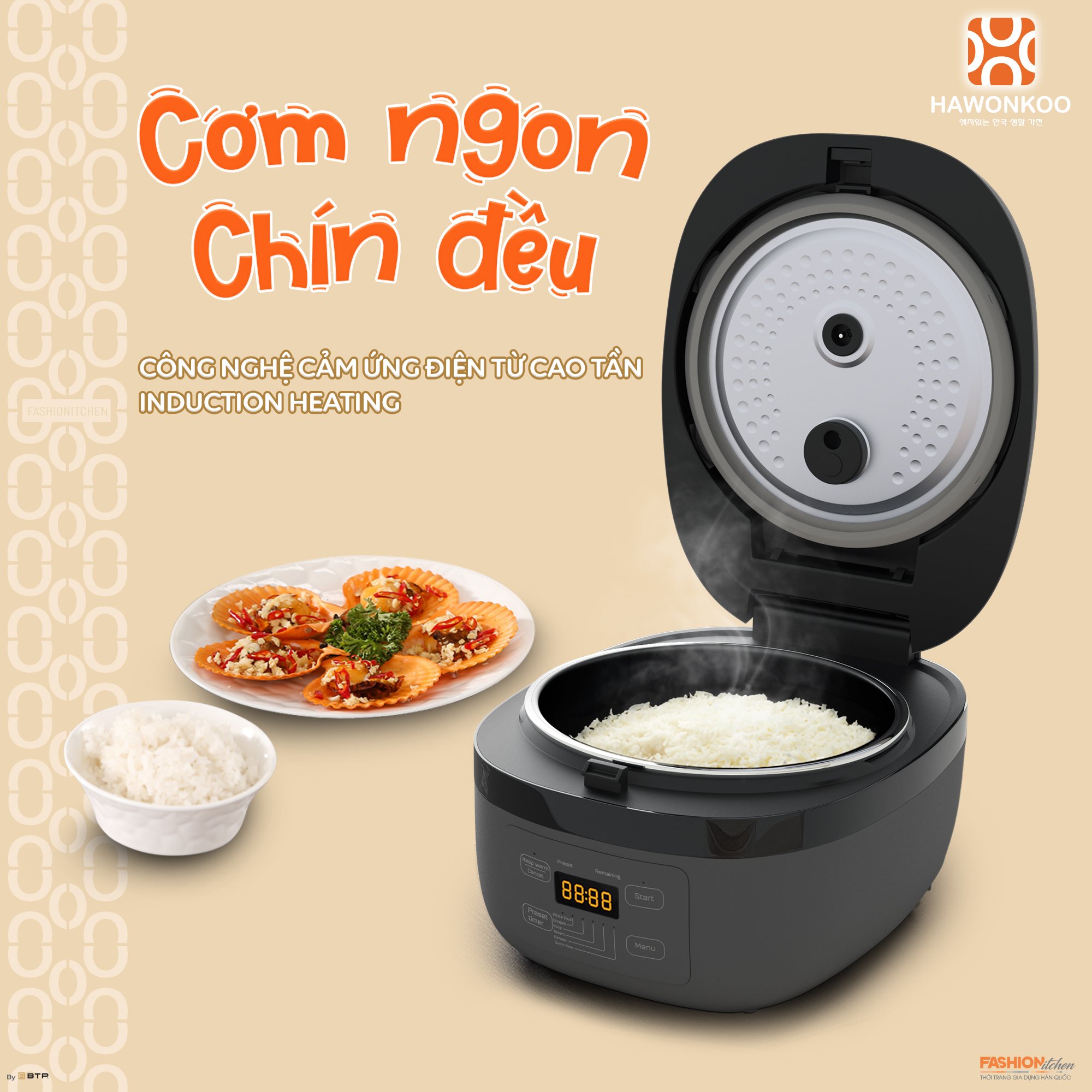 Nồi cơm điện Hawonkoo với công nghệ nấu hiện đại cho hạt gạo nở đều, cơm chín dẻo thơm.