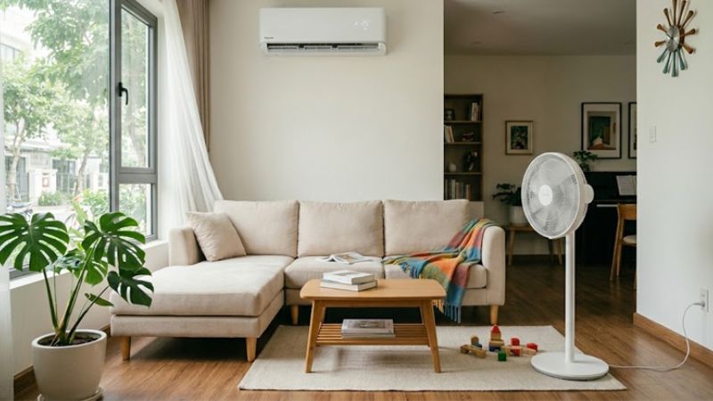 Đặt quạt ở góc phòng hoặc vị trí đối diện hướng gió điều hòa để hỗ trợ phân bổ khí lạnh đều hơn.