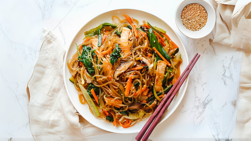 Japchae là món mì xào với sự kết hợp của miến, rau củ như hành tây, mộc nhĩ, rau chân vịt và thịt.