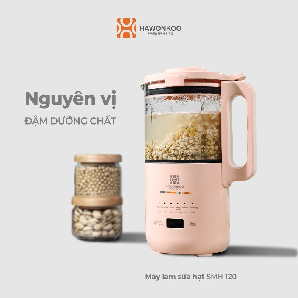 Máy làm sữa hạt Hawonkoo SMH-120-PK nhỏ gọn nhưng nghiền nhuyễn và nấu nhanh, không gây tiếng ồn khó chịu.