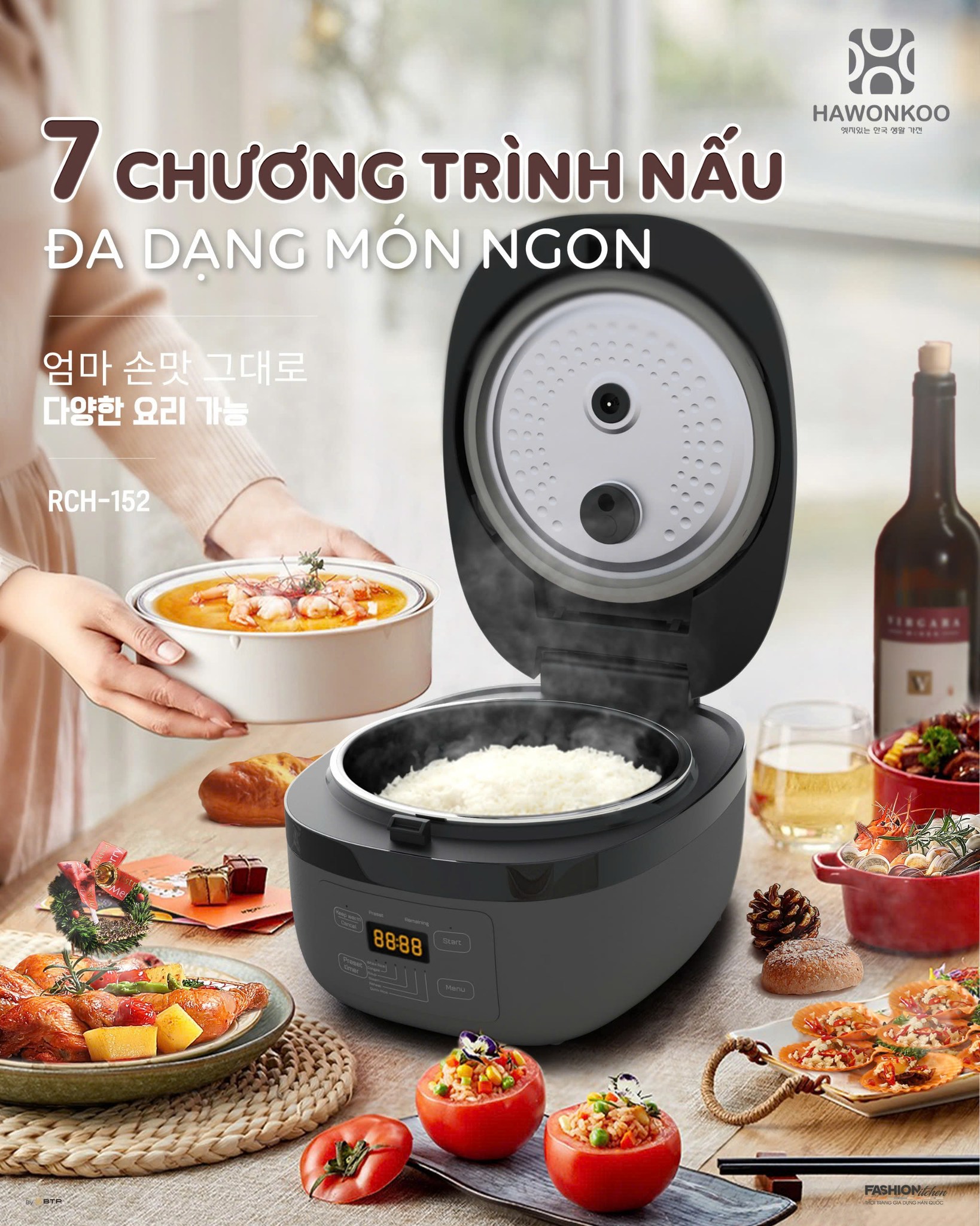 Nồi cơm điện cao tần Hawonkoo RCH-152 tích hợp 7 chương trình nấu đa dạng, trọn vẹn bữa ăn.